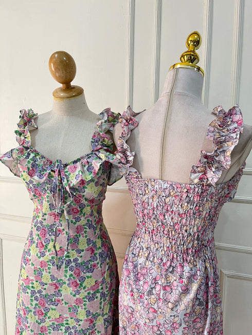 Spring Floral Ruffle Straps Side Slit Dresses
